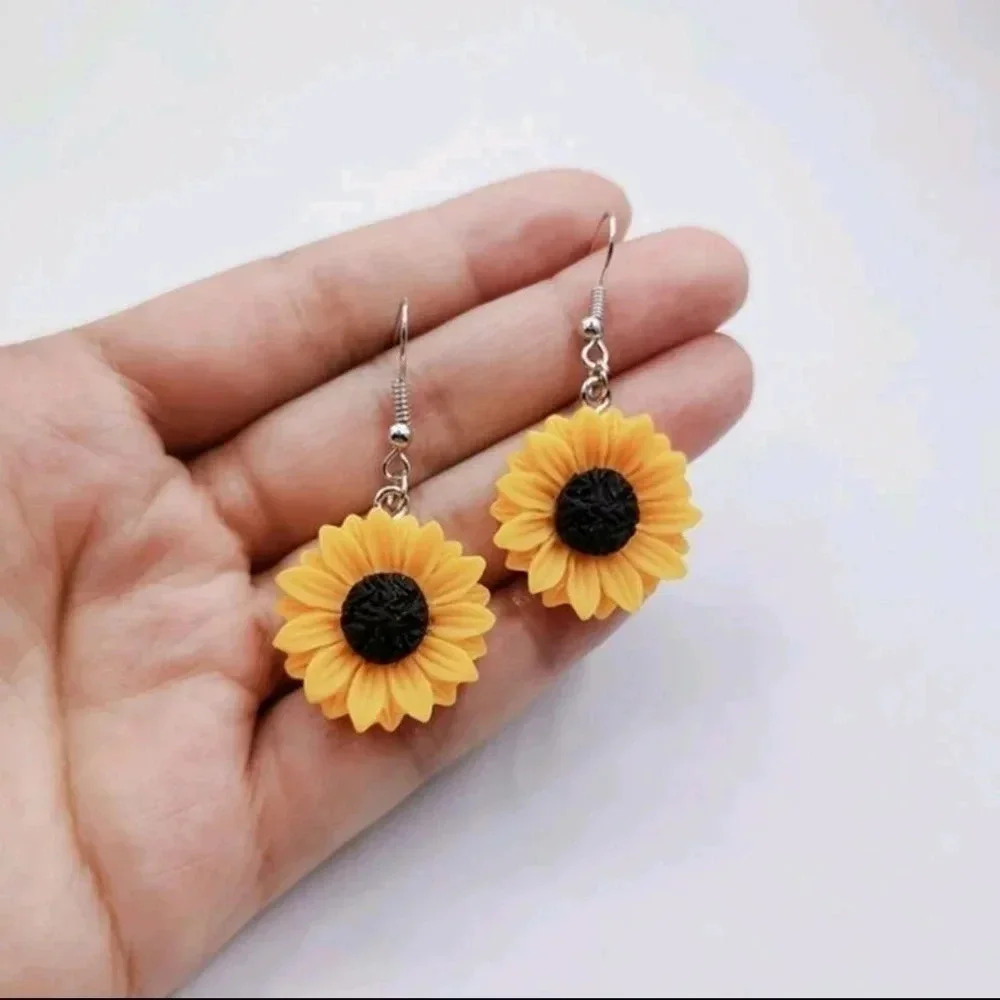 Sunflower 🌻 floral orange brown summer silver plated dangle earrings jewelry si
